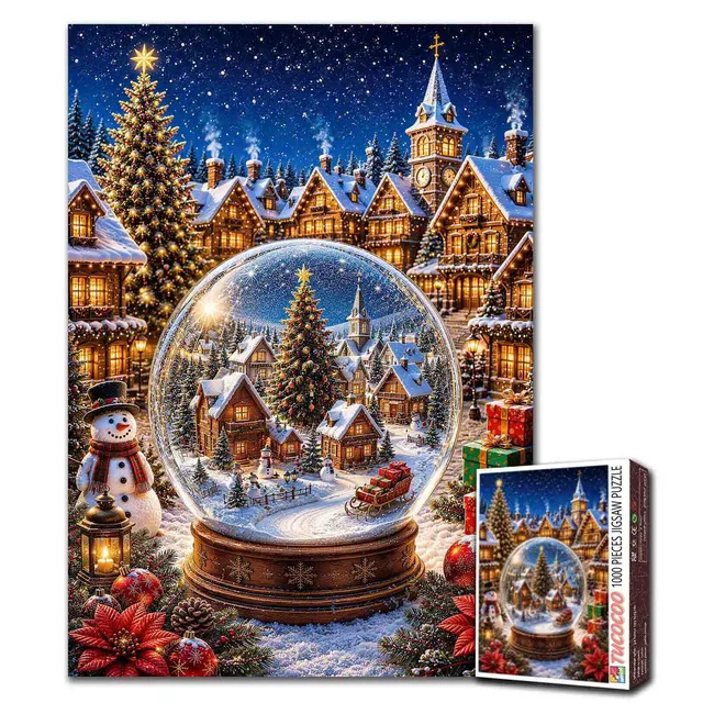 tucocoo-jigsaw-christmas-snow-globe-village-puzzle-1000-teile-weihnachten image 1