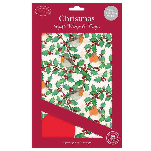 otter-house-holly-berries-robins-weihnachtspapier-5-bogen-tags image 1
