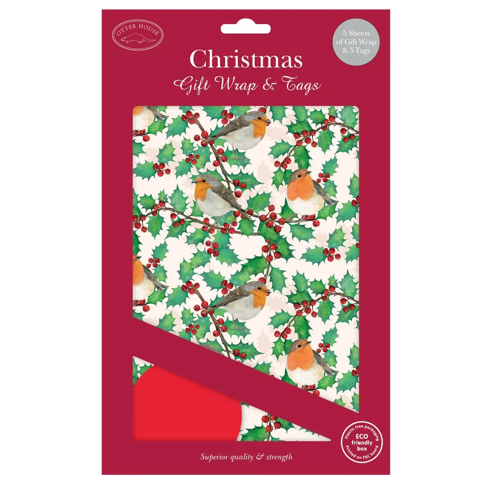 otter-house-holly-berries-robins-weihnachtspapier-5-bogen-tags image 1