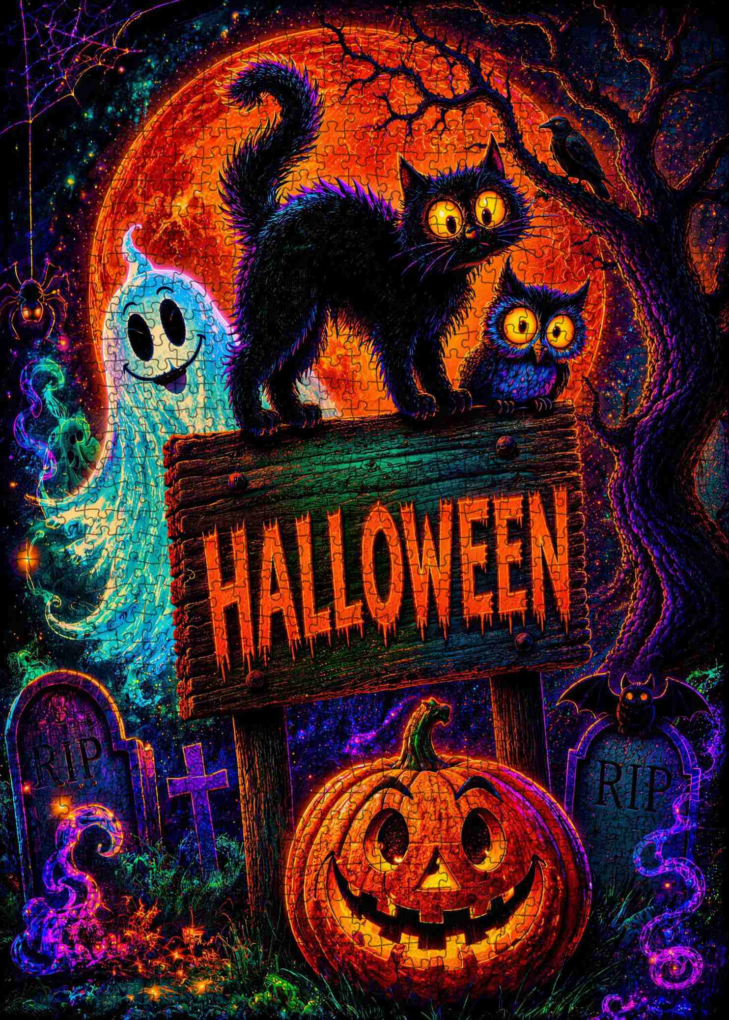 tucocoo-neon-black-cat-halloween-night-puzzle-1000-teile image 2