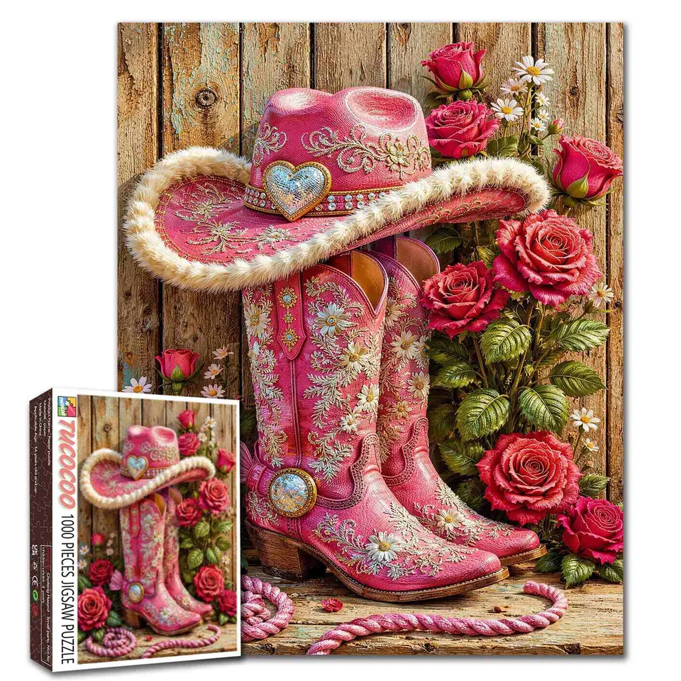 tucocoo-pink-cowgirl-boots-roses-puzzle-1000-teile-rosa image 1