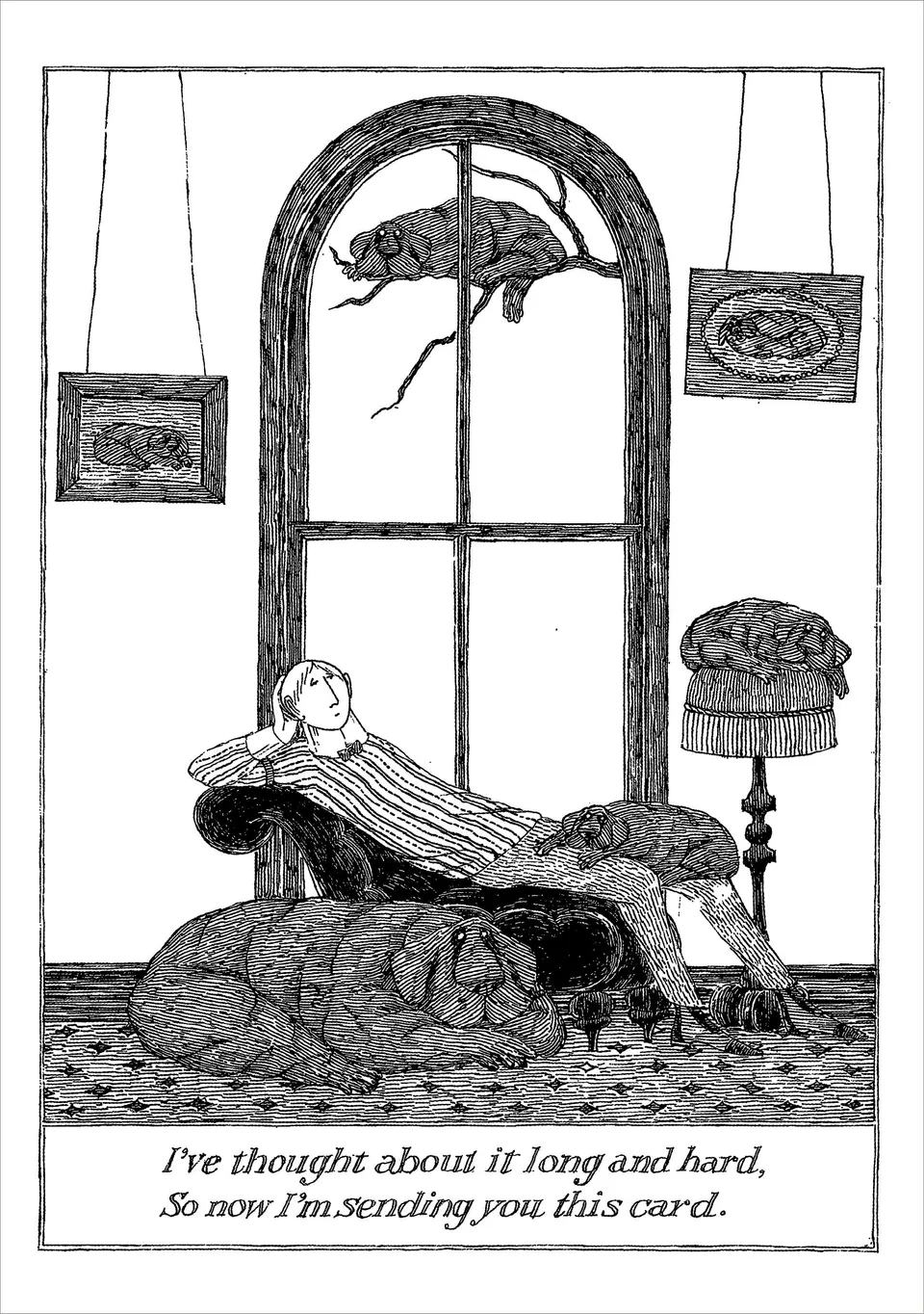 pomegranate-blank-notecards-edward-gorey-thought-about-it-klappkarte image 1