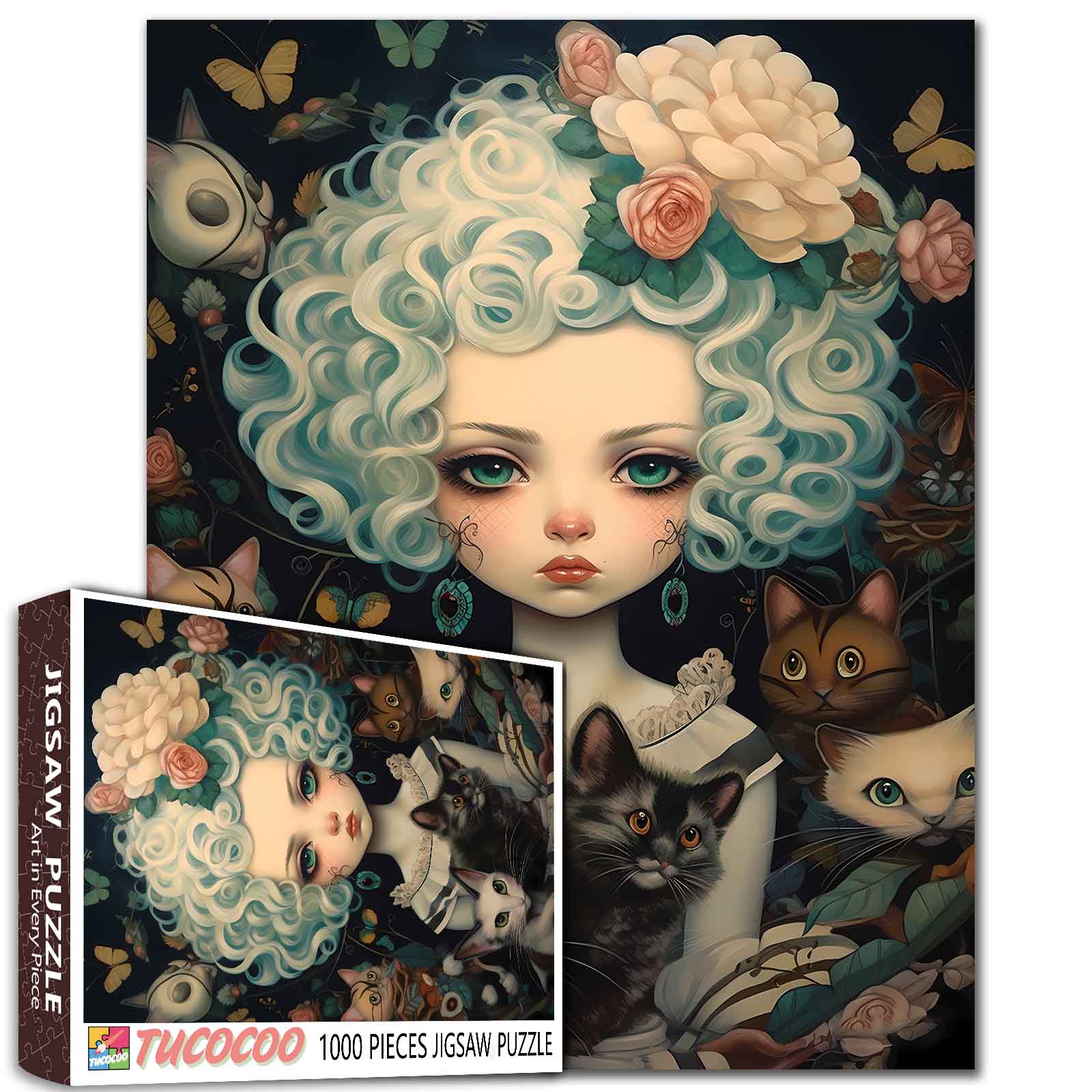 tucocoo-curly-haired-girl-with-cats-puzzle-1000-teile-katzen image 1
