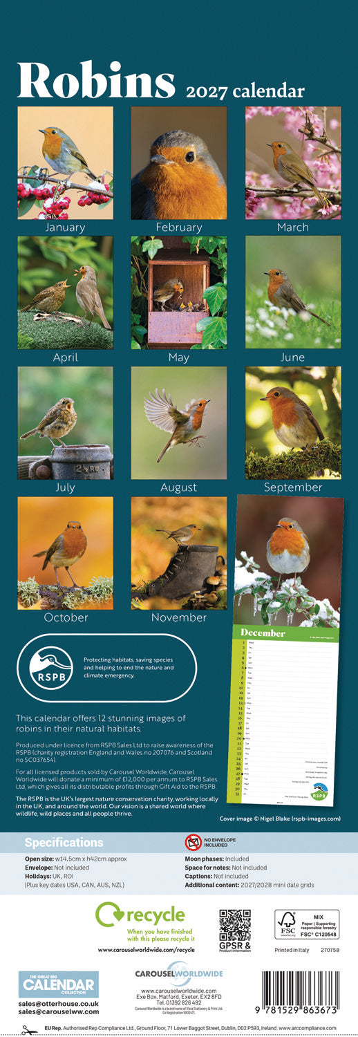 otter-house-calendars-robins-rspb-slim-kalender-2027-rotkehlchen image 2