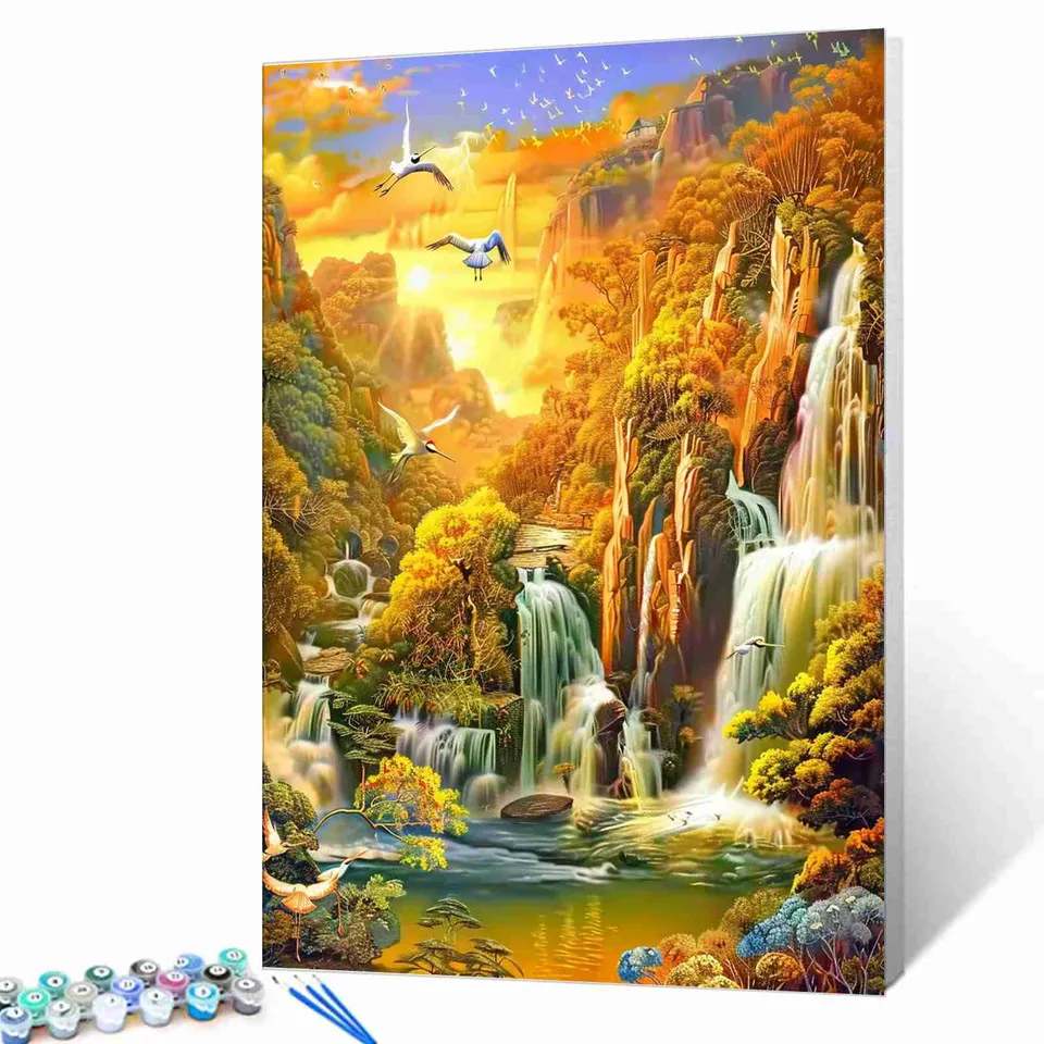tucocoo-golden-sunset-waterfall-malen-nach-zahlen-40x50-kranich image 1