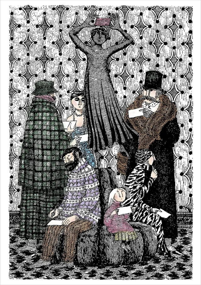 pomegranate-edward-gorey-group-on-sofa-klappkarte-blanko image 1