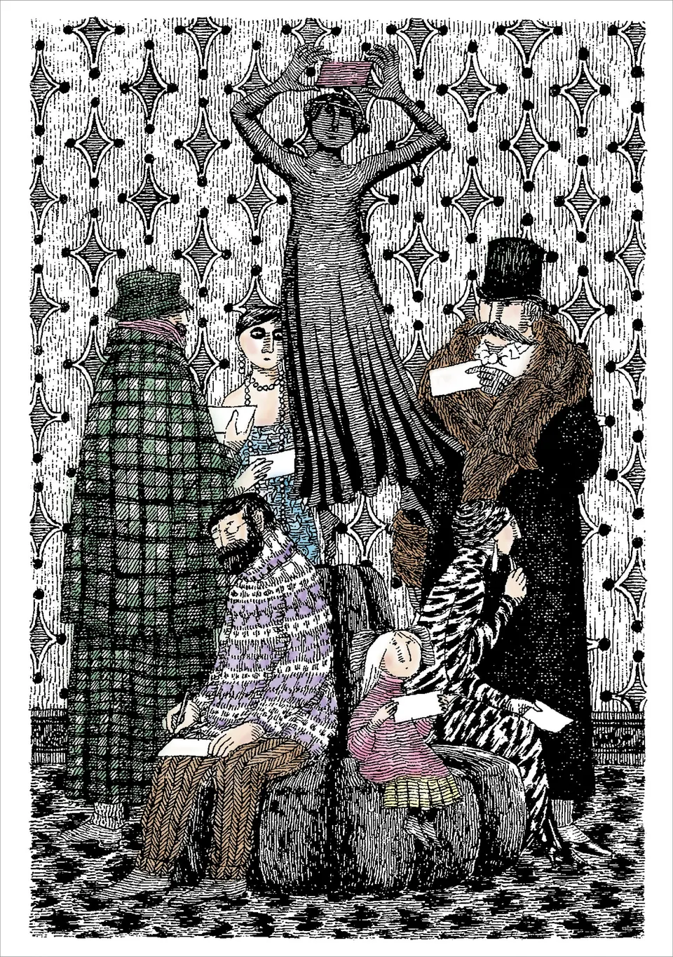 pomegranate-edward-gorey-group-on-sofa-klappkarte-blanko image 1