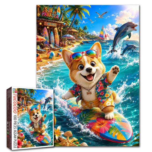tucocoo-surfing-corgi-beach-puzzle-1000-teile-tiere image 1