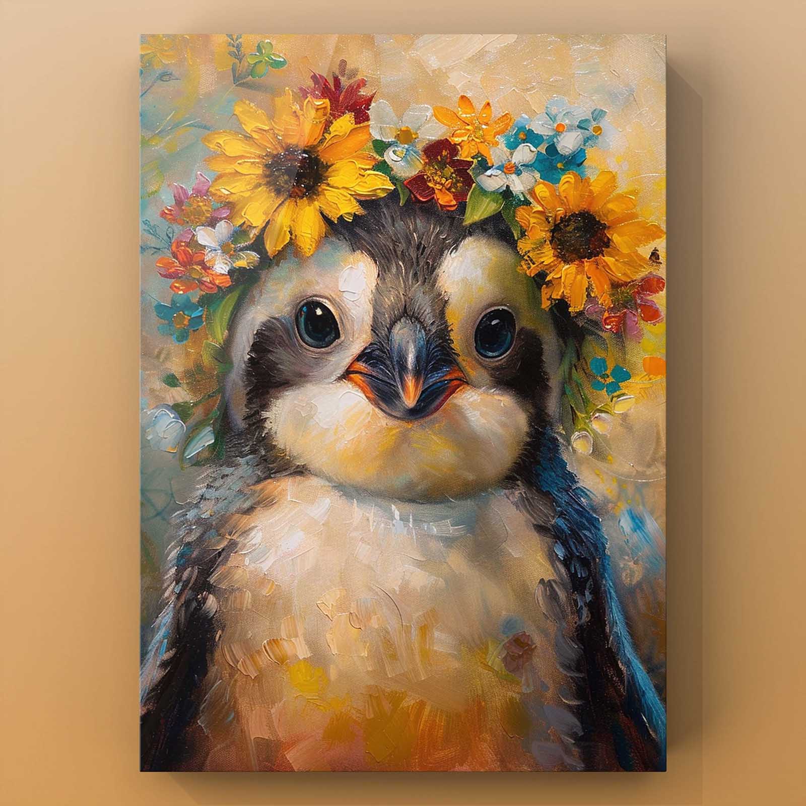 tucocoo-penguin-sunflower-crown-leinwandbild-30x40cm-pinguin image 2