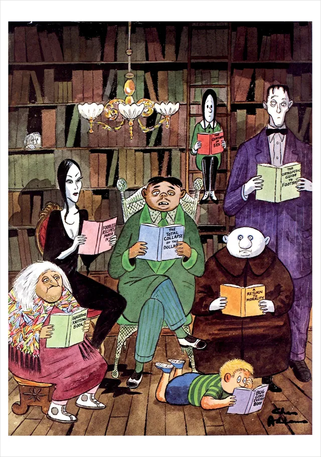 pomegranate-charles-addams-klappkarte-addams-family-reading-einzelkarte image 1