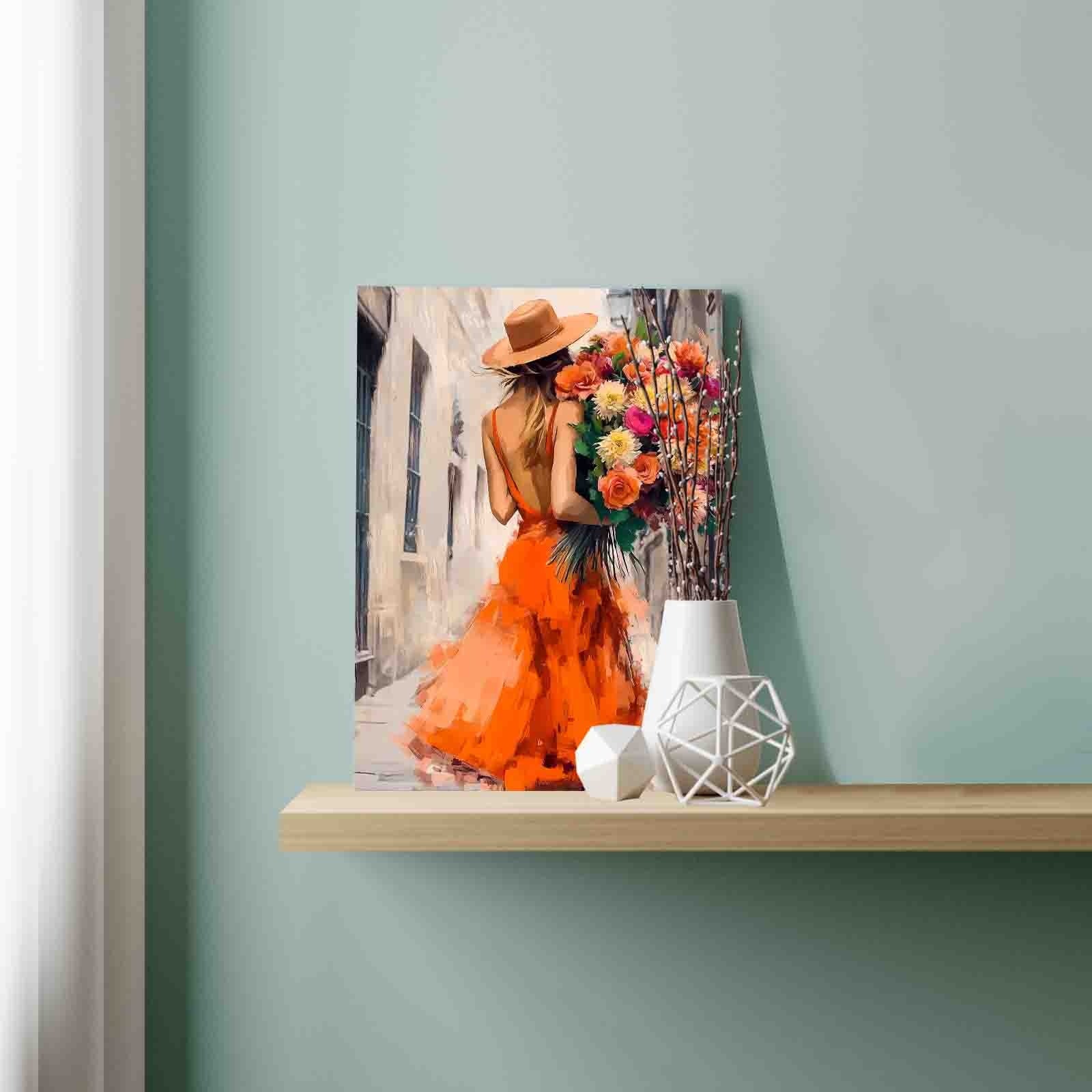 tucocoo-woman-orange-dress-flowers-malen-nach-zahlen-40x50 image 3