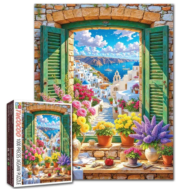 tucocoo-santorini-window-view-puzzle-1000-teile-blumenmotiv image 1