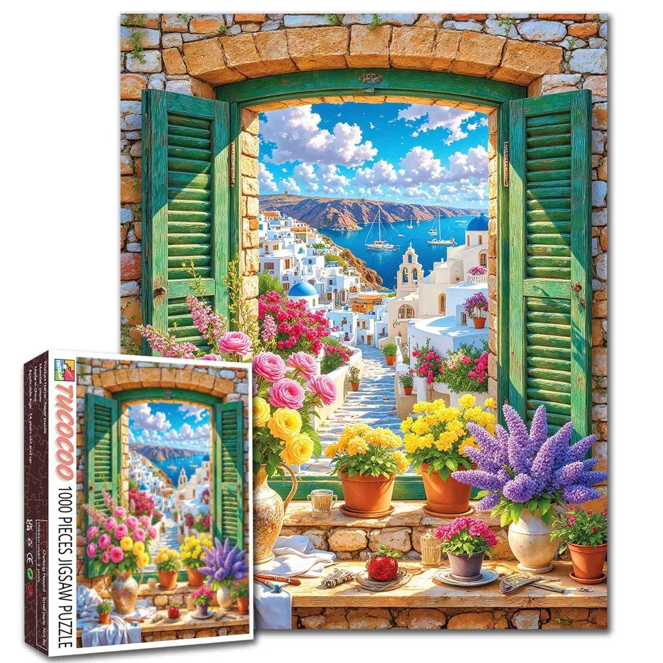 tucocoo-santorini-window-view-puzzle-1000-teile-blumenmotiv image 1
