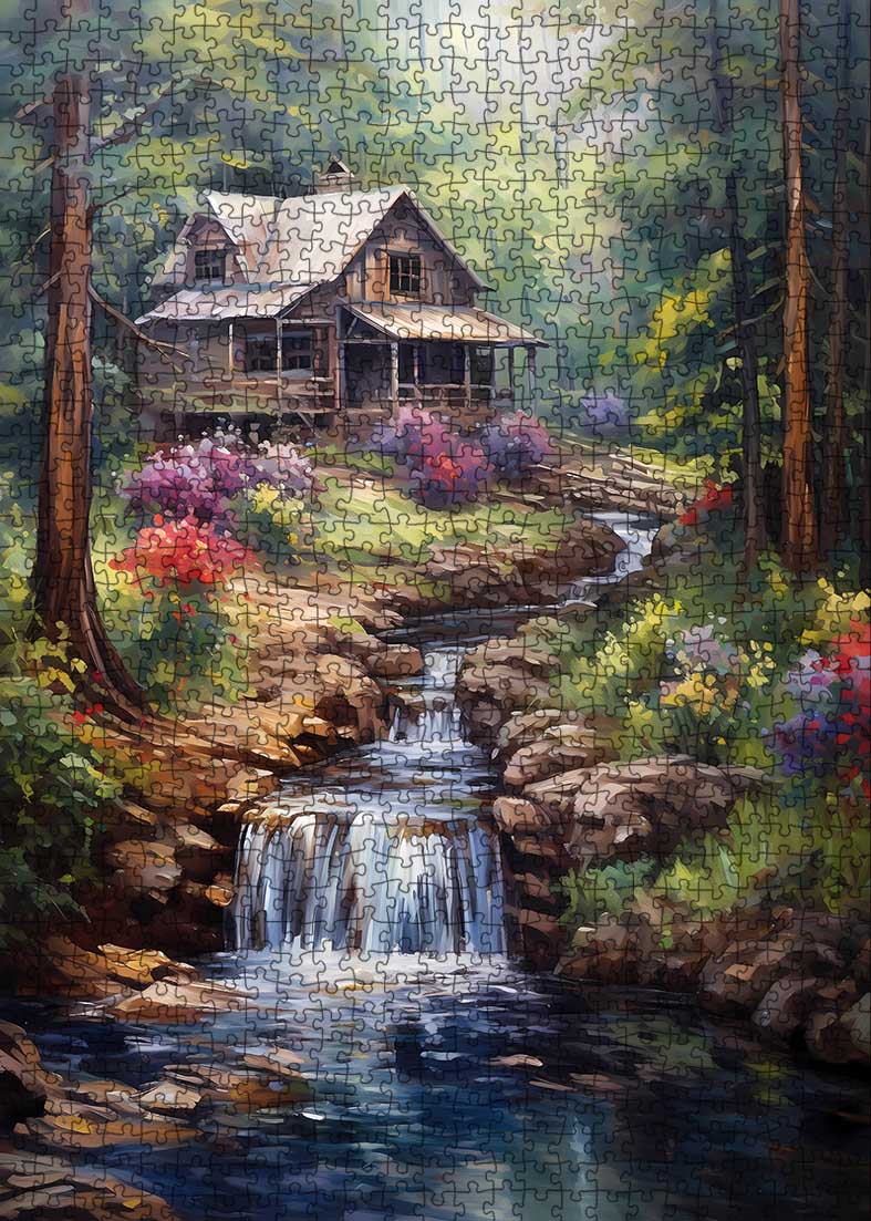 tucocoo-forest-waterfall-rustic-wood-cabin-puzzle-1000-teile-landschaft image 2