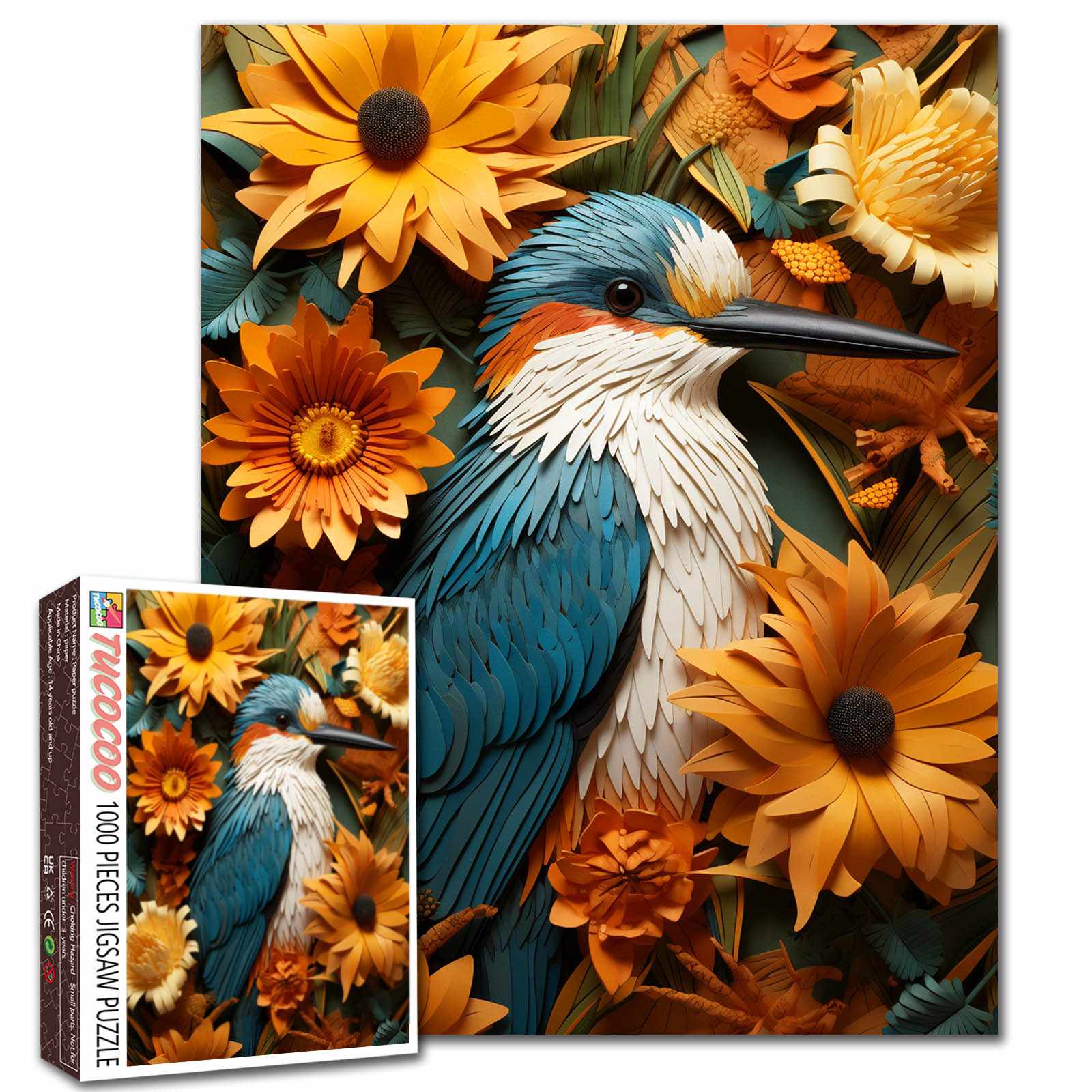 tucocoo-jigsaw-blue-kingfisher-sunflowers-puzzle-1000-teile-vogel image 1