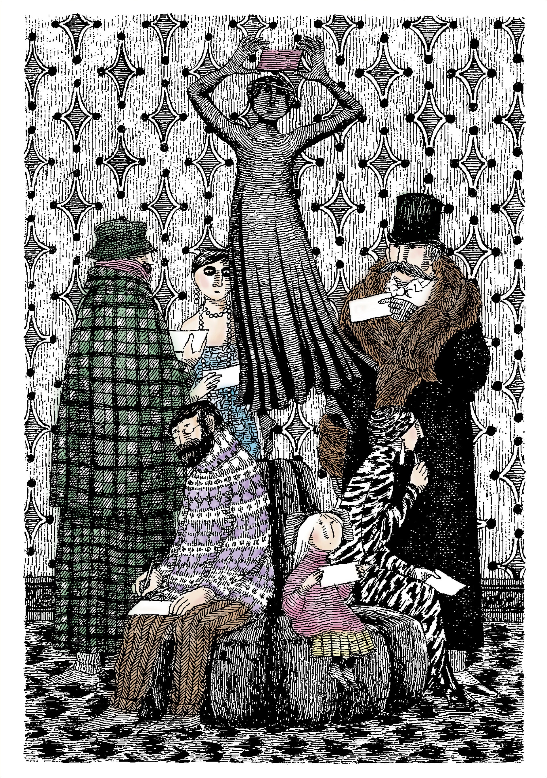 pomegranate-edward-gorey-group-on-sofa-klappkarte-blanko image 1