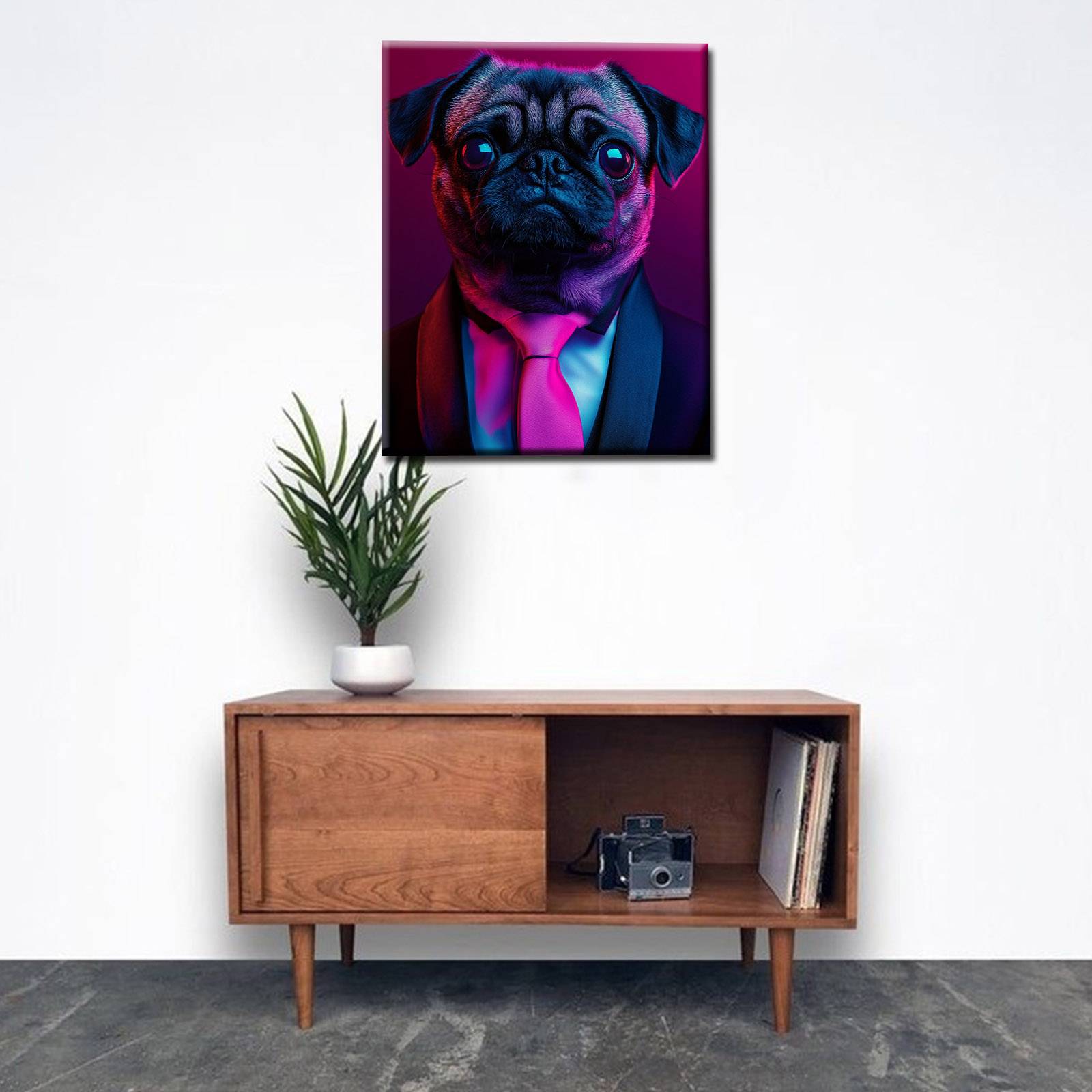 tucocoo-mops-anzug-neon-leinwandbild-30x40cm-gerahmt image 2