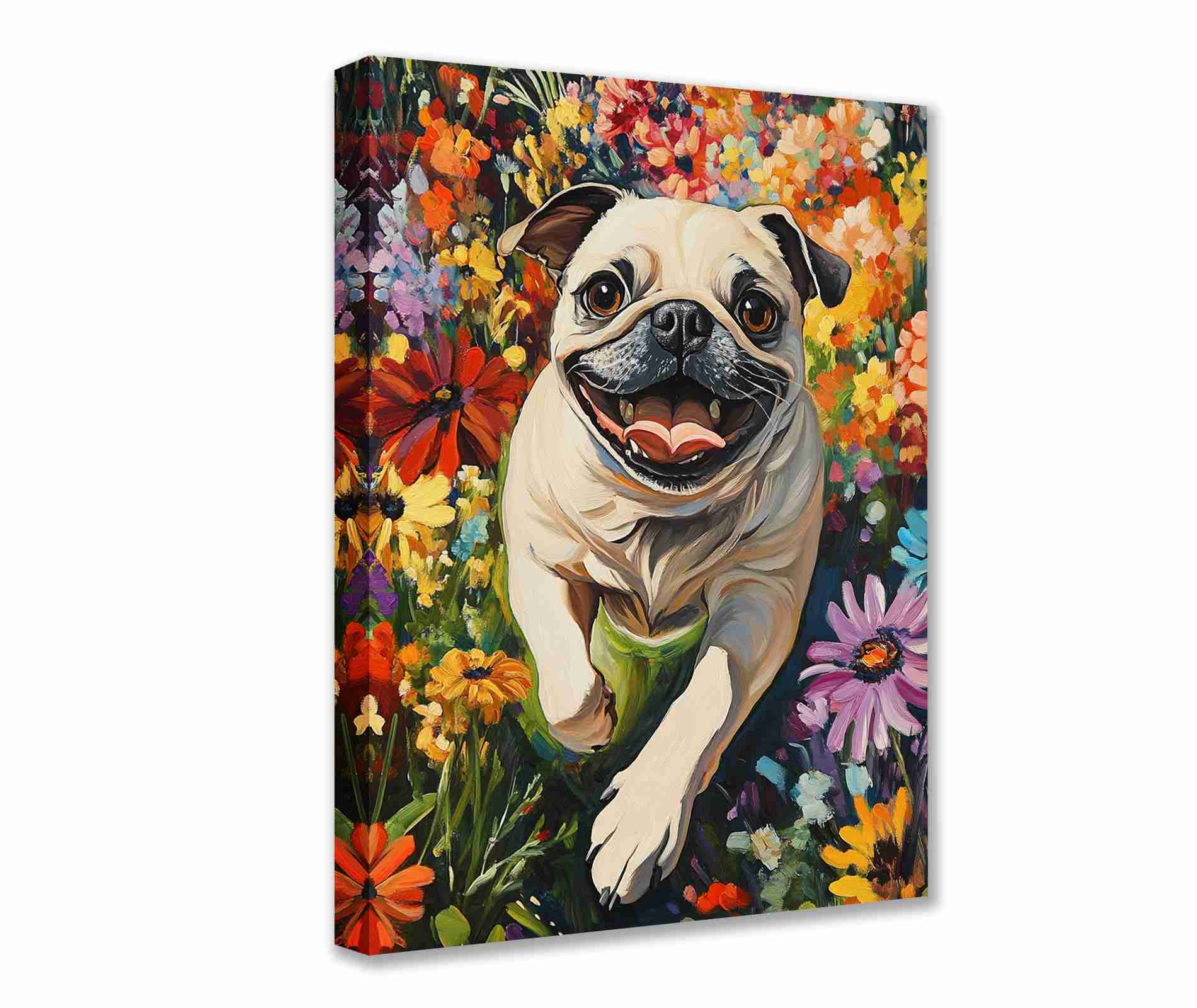 tucocoo-happy-pug-blumenfeld-leinwandbild-30x40cm-gerahmt image 1