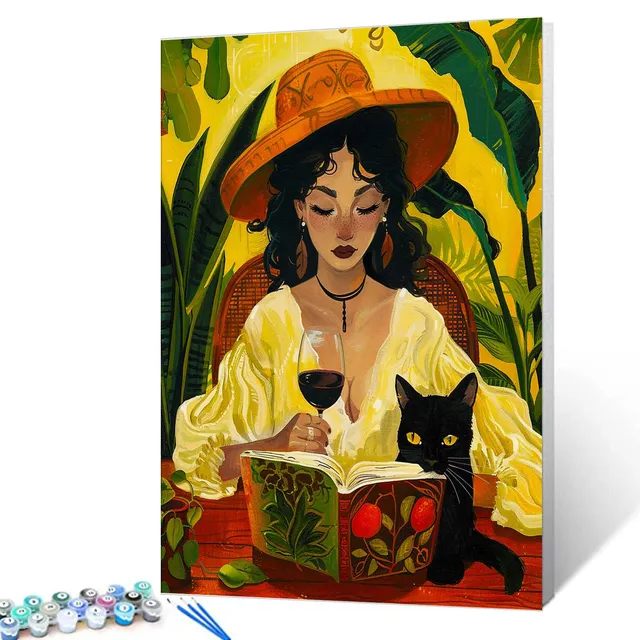 tucocoo-paint-by-numbers-woman-with-wine-and-black-cat-malen-nach-zahlen image 1