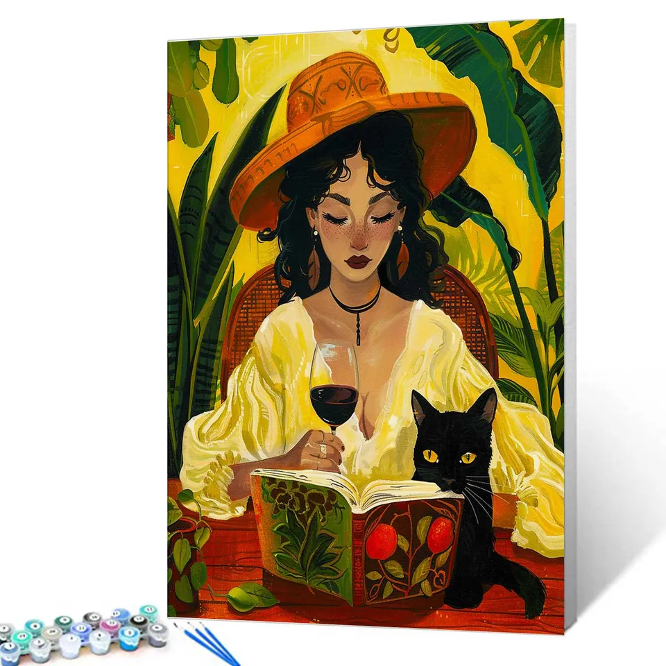 tucocoo-paint-by-numbers-woman-with-wine-and-black-cat-malen-nach-zahlen image 1