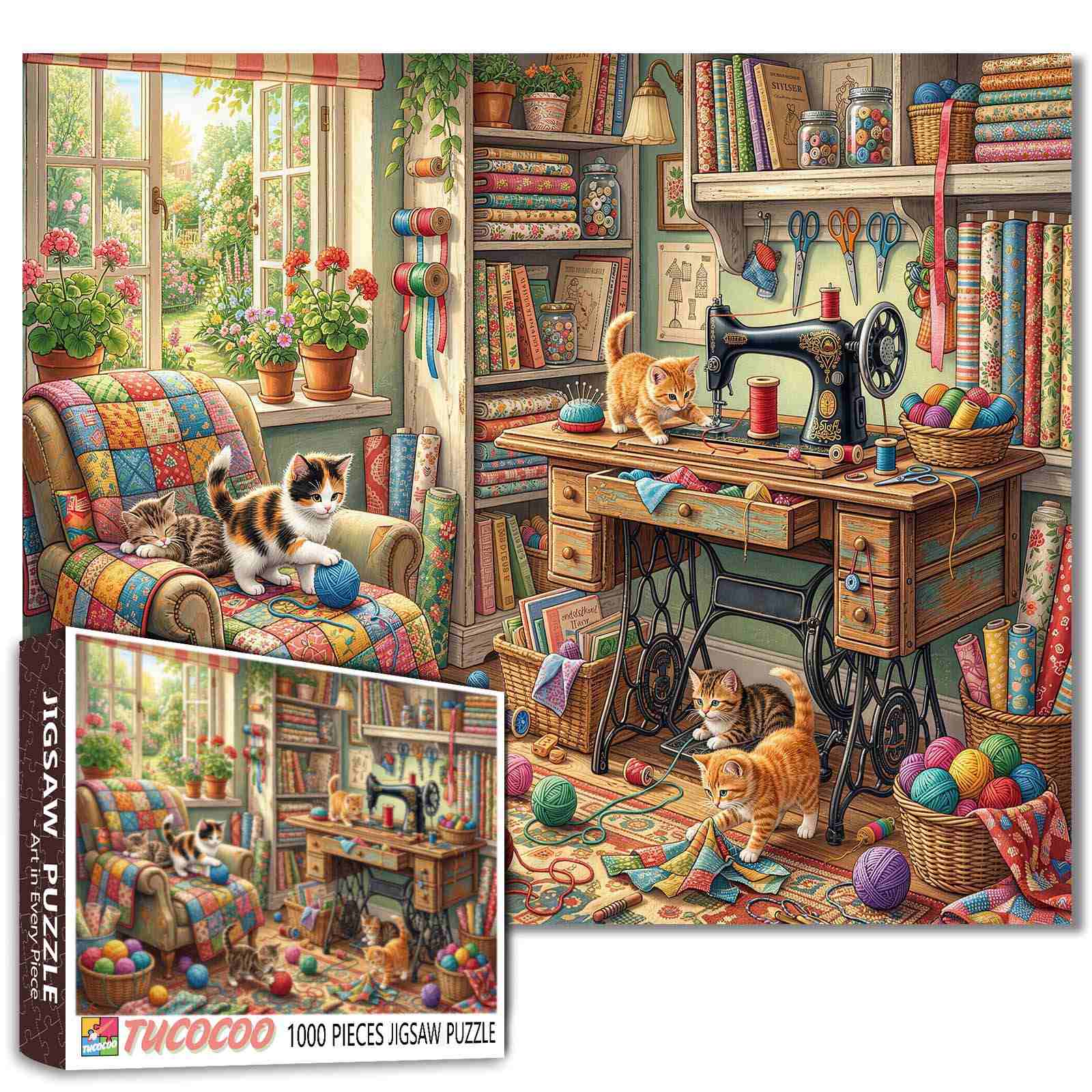 tucocoo-jigsaw-cozy-sewing-room-kittens-puzzle-1000-teile-katzen image 1