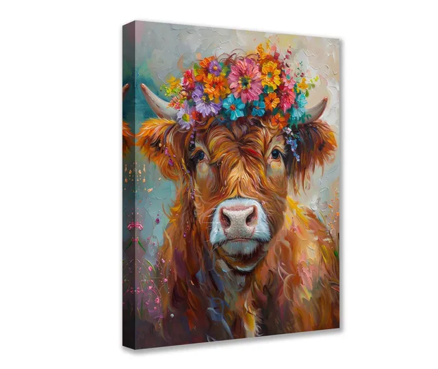 tucocoo-highland-cow-blumenkranz-leinwandbild-30x40-ungerahmt image 1