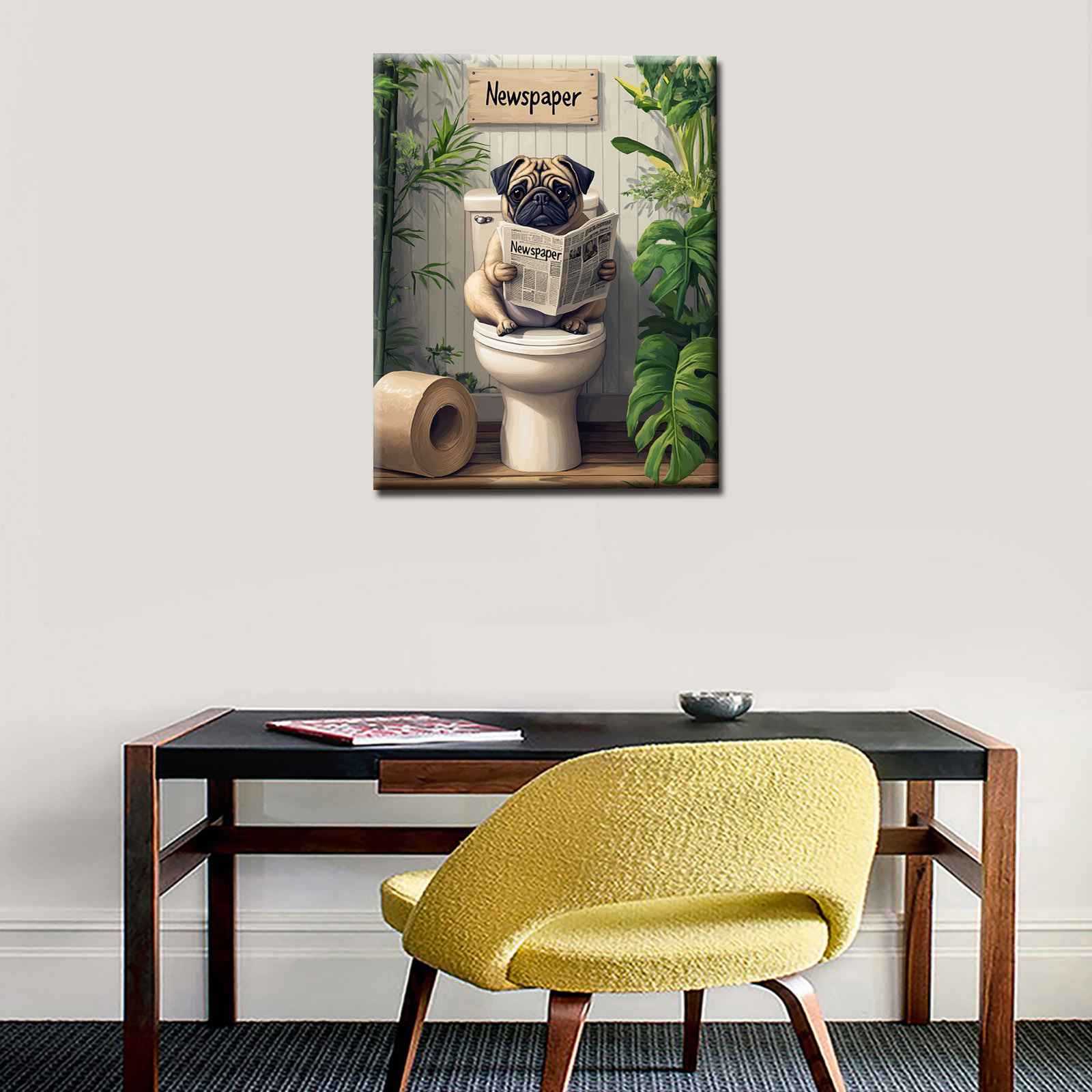 tucocoo-mops-toilette-zeitung-leinwandbild-30x40cm-gerahmt image 2