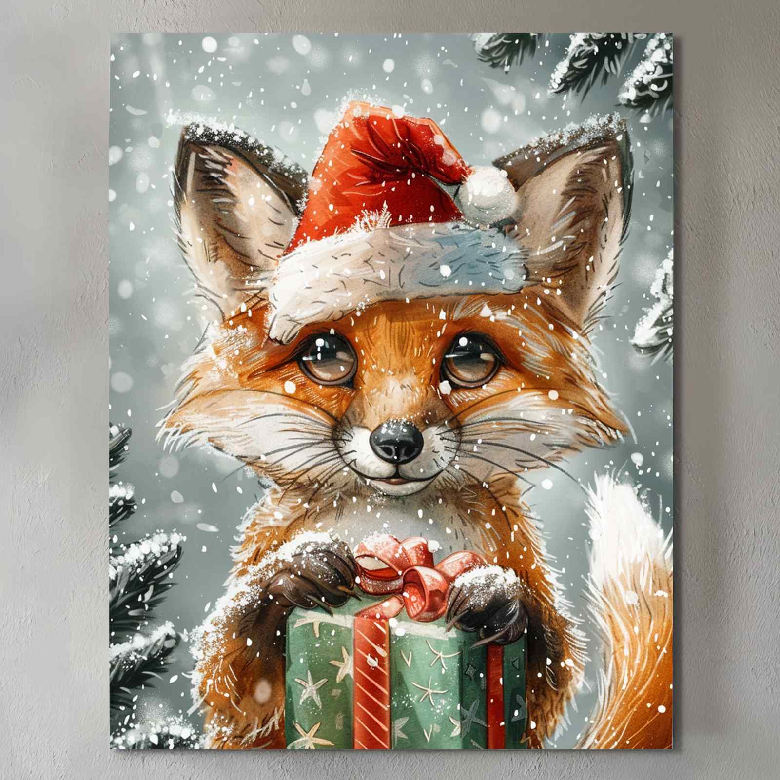 tucocoo-santa-fox-with-christmas-gift-leinwandbild-30x40cm image 2