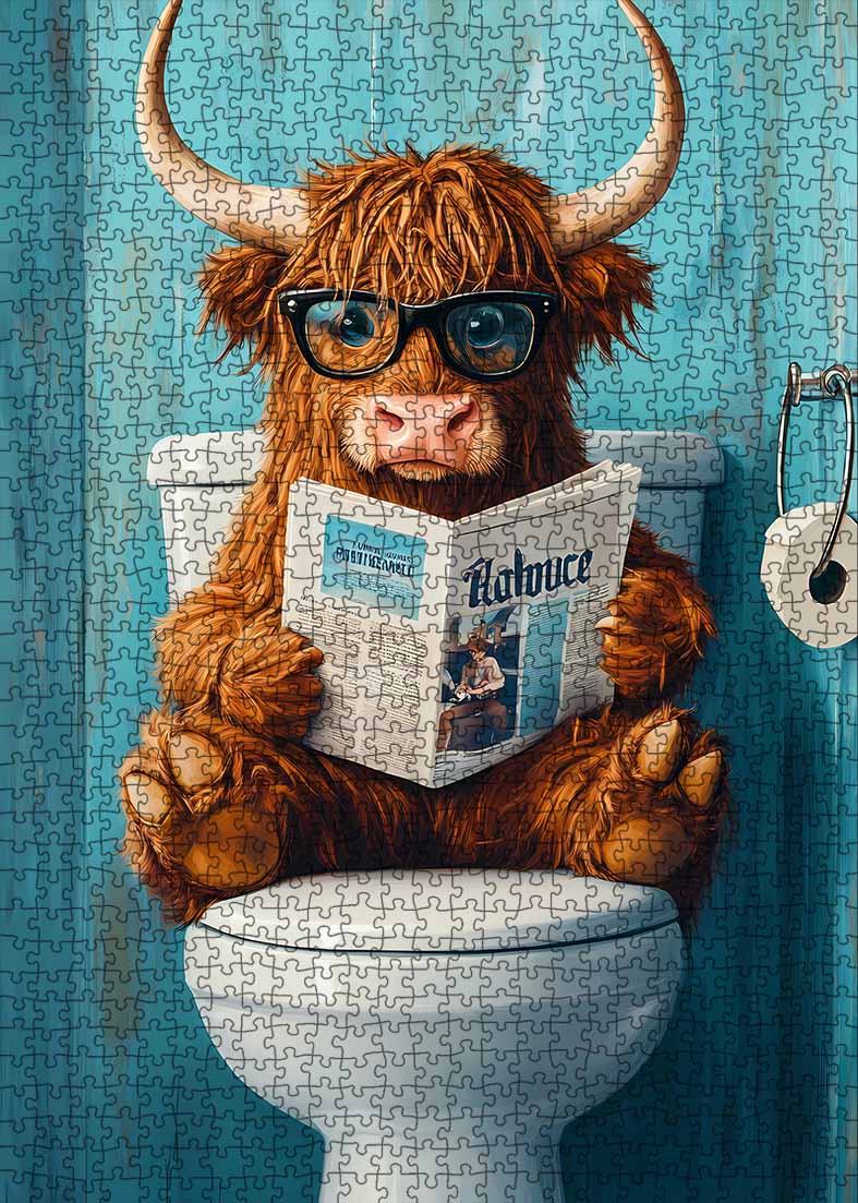 tucocoo-highland-cow-reading-newspaper-on-toilet-puzzle-1000-teile-lustig image 2