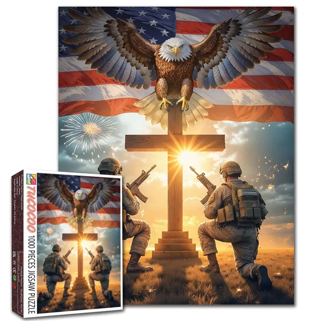 tucocoo-jigsaw-patriotic-soldiers-prayer-eagle-cross-flag-puzzle-1000-teile image 1