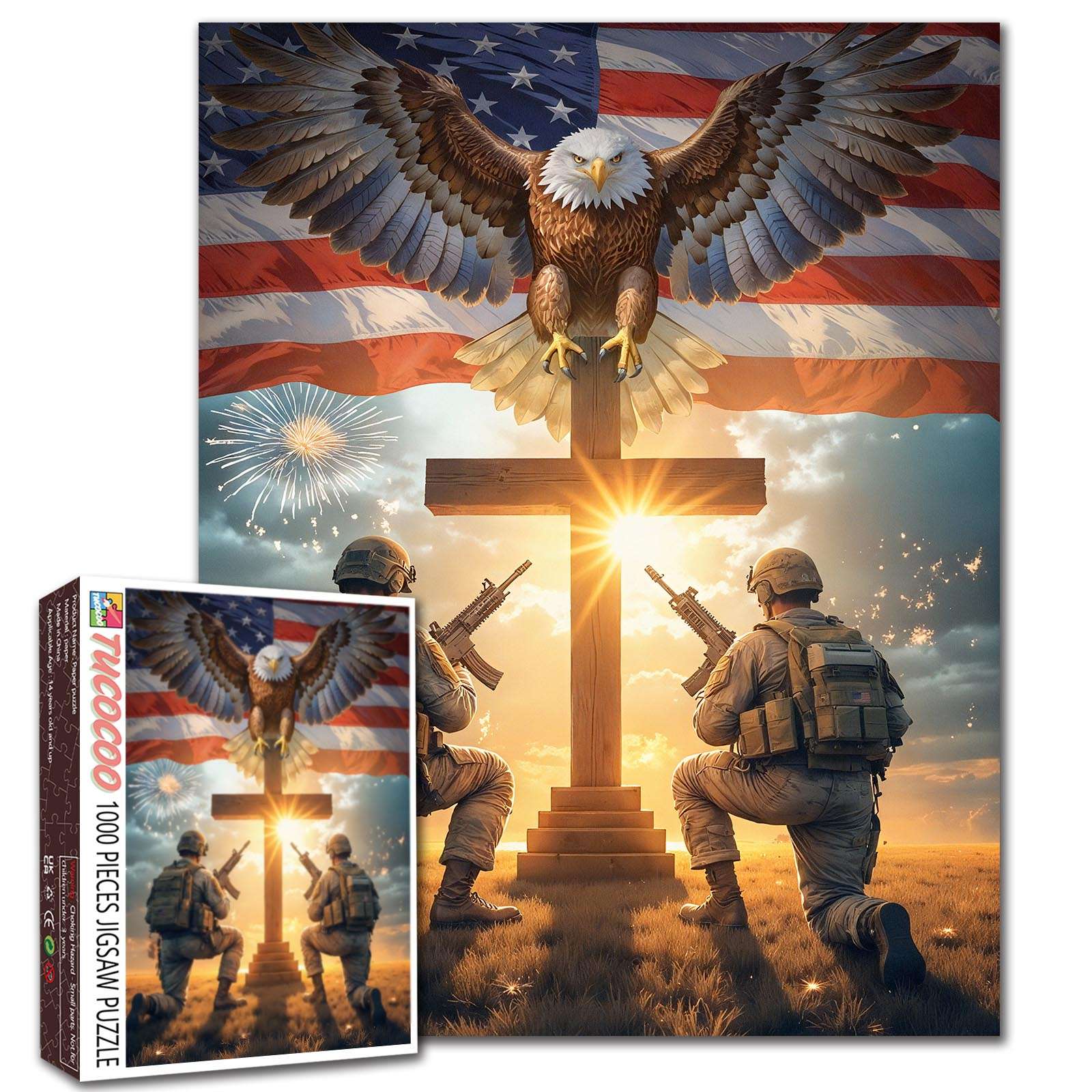 tucocoo-jigsaw-patriotic-soldiers-prayer-eagle-cross-flag-puzzle-1000-teile image 1