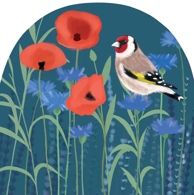 otter-house-white-blossom-gru-karte-goldfinch-poppies image 1