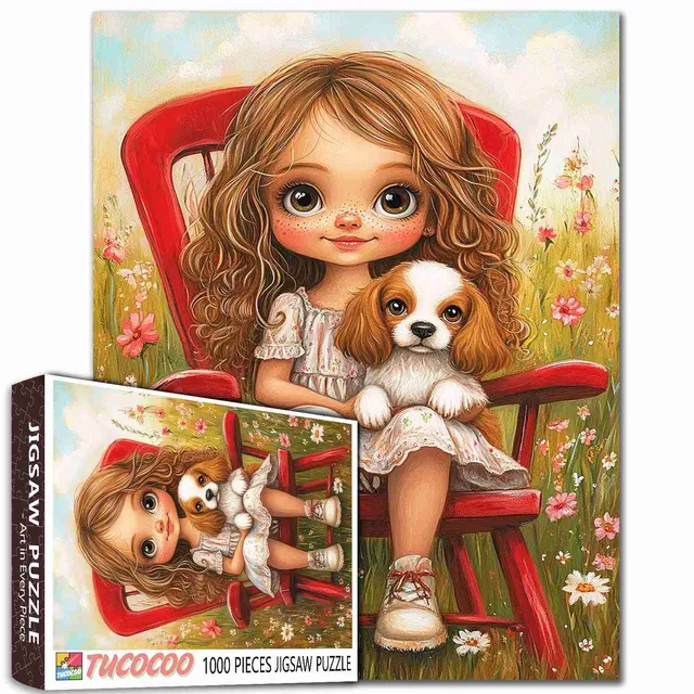 tucocoo-girl-with-puppy-on-red-chair-puzzle-1000-teile-blumen image 1