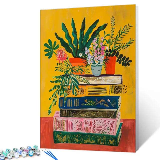 tucocoo-stacked-books-with-greenery-malen-nach-zahlen-40x50 image 1
