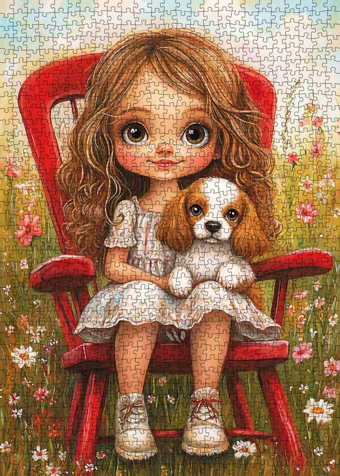 tucocoo-girl-with-puppy-on-red-chair-puzzle-1000-teile-blumen image 2