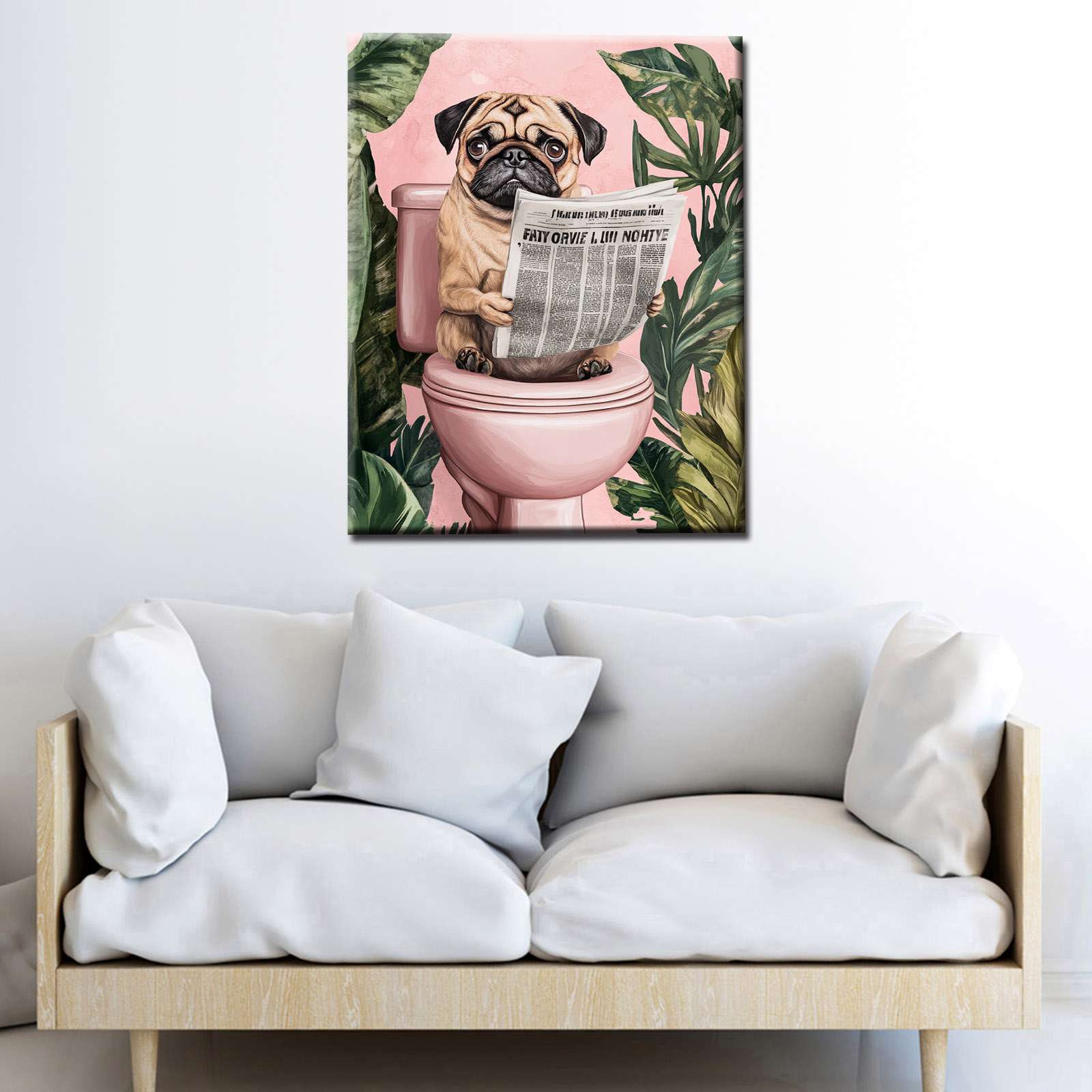 tucocoo-mops-mit-zeitung-leinwandbild-30x40cm-gerahmt-rosa image 2