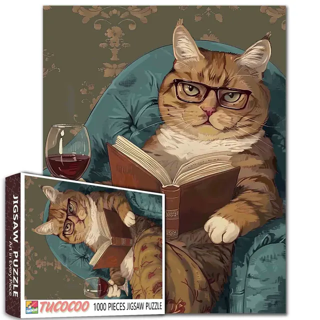 tucocoo-jigsaw-puzzles-cat-reading-with-wine-puzzle-1000-teile image 1