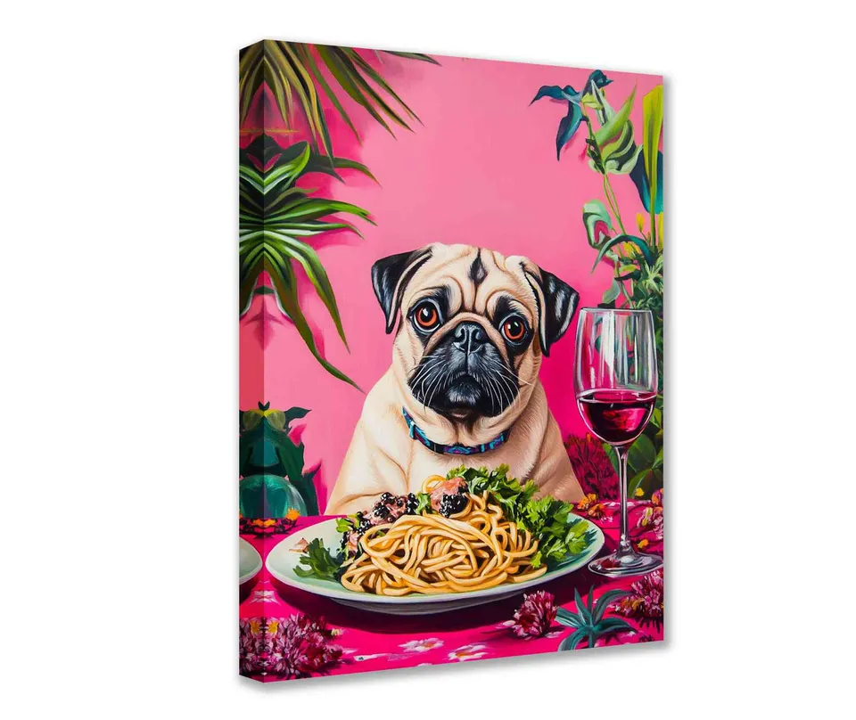 tucocoo-canvas-wall-art-elegant-pug-dining-with-pasta-leinwandbild-mops image 1