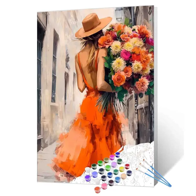 tucocoo-woman-orange-dress-flowers-malen-nach-zahlen-40x50 image 1