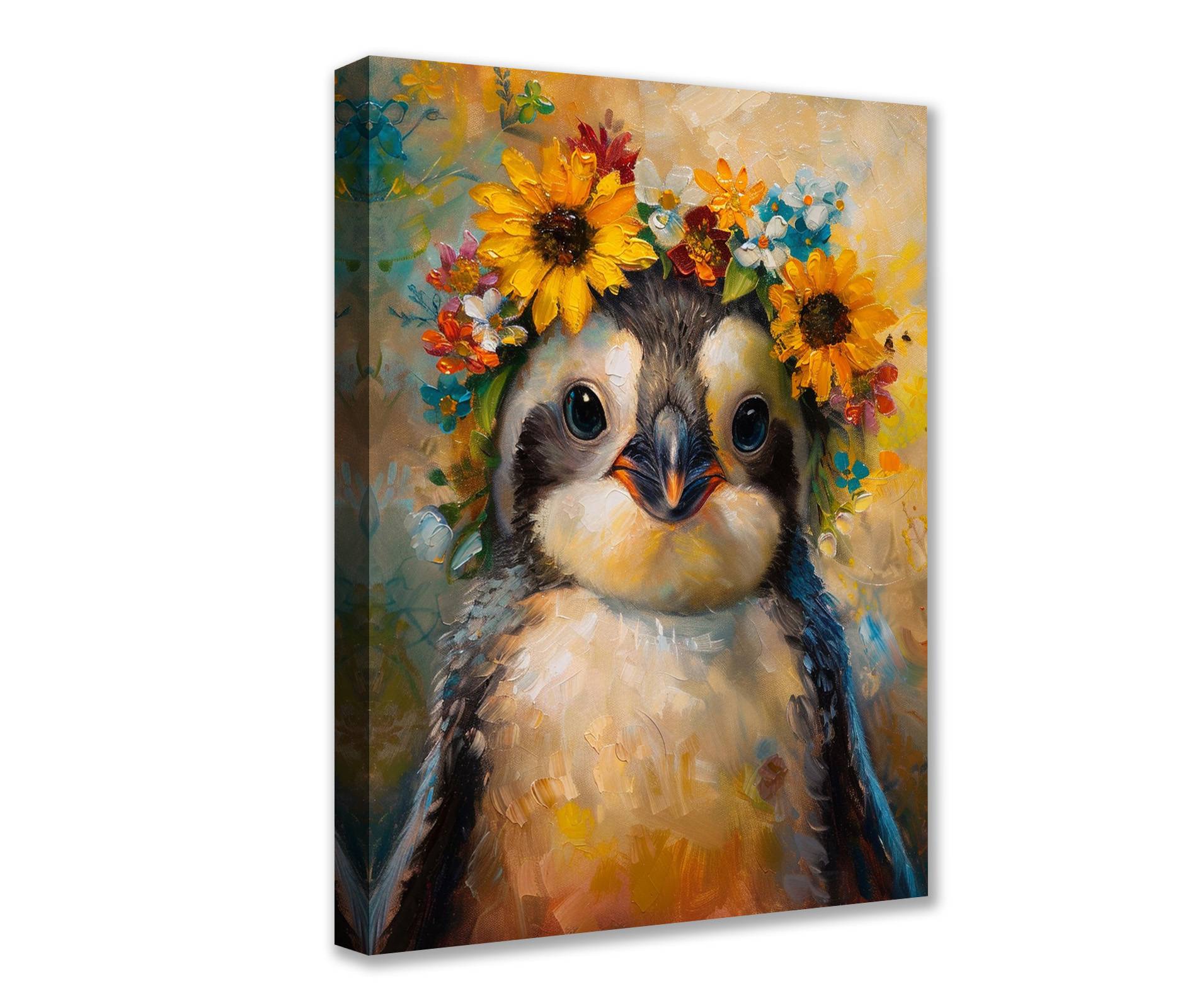 tucocoo-penguin-sunflower-crown-leinwandbild-30x40cm-pinguin image 1