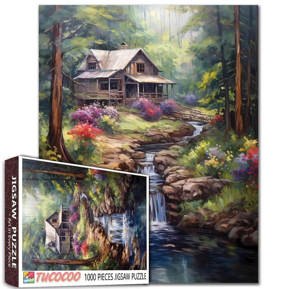 tucocoo-forest-waterfall-rustic-wood-cabin-puzzle-1000-teile-landschaft image 1