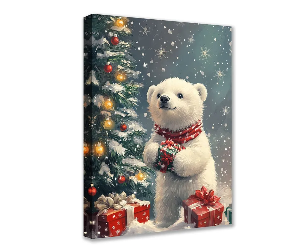 tucocoo-polar-bear-with-gift-leinwandbild-30x40-gerahmt image 1