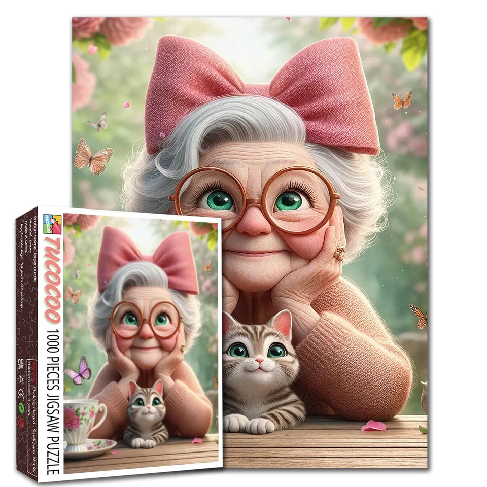 tucocoo-grandma-with-pink-bow-and-kitten-puzzle-1000-teile image 1