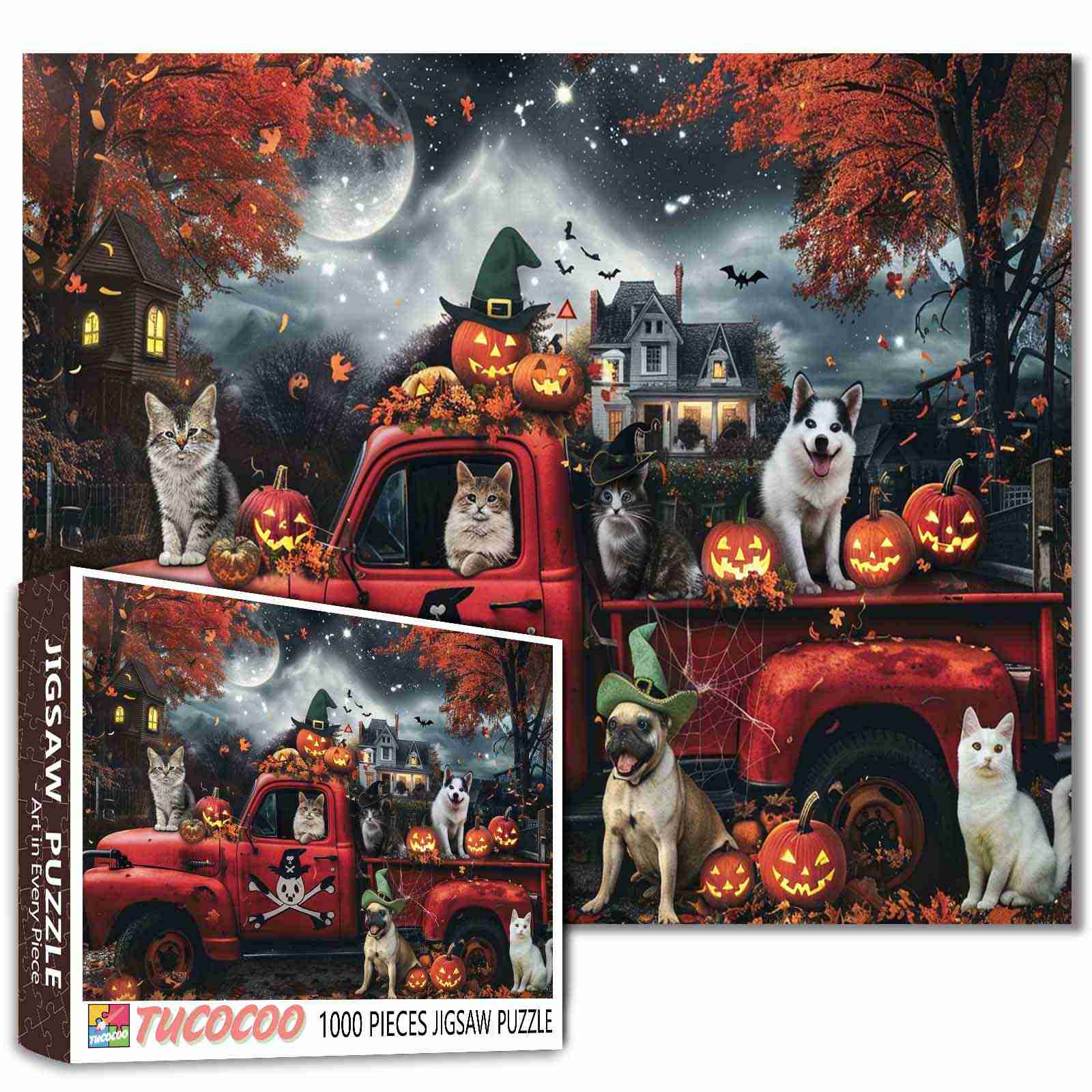 tucocoo-halloween-cats-and-dogs-truck-puzzle-1000-teile image 1