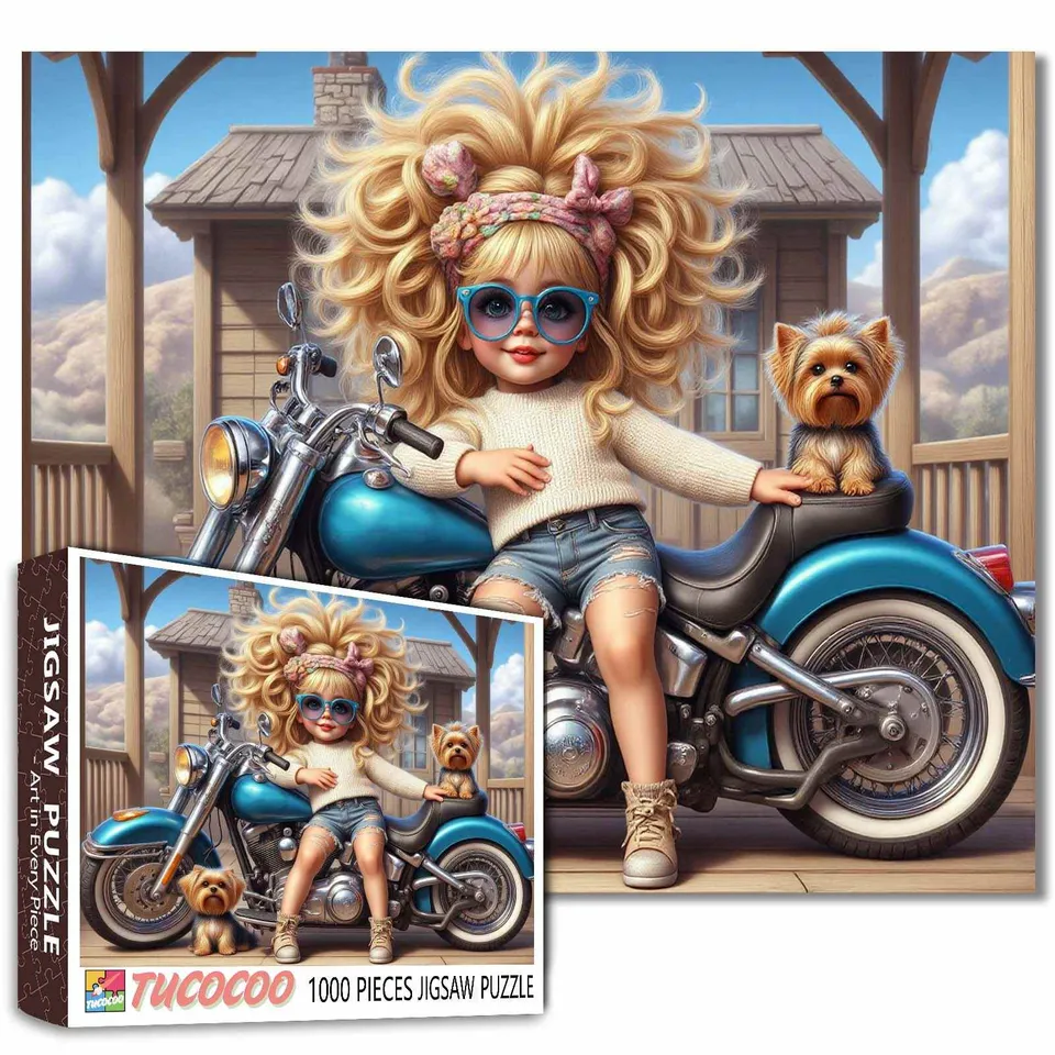 tucocoo-cool-biker-girl-and-pups-puzzle-1000-teile-motorrad image 1