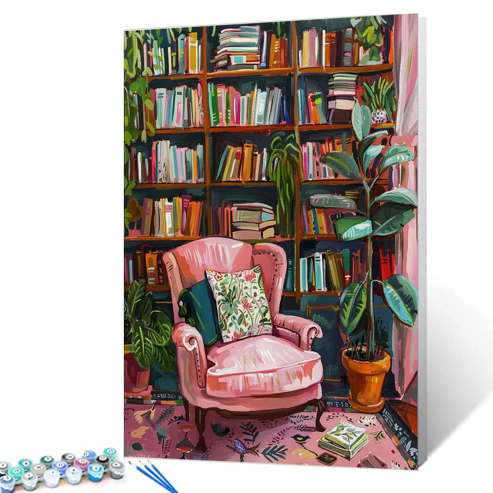 tucocoo-pink-chair-reading-nook-malen-nach-zahlen-40x50-o-rahmen image 1
