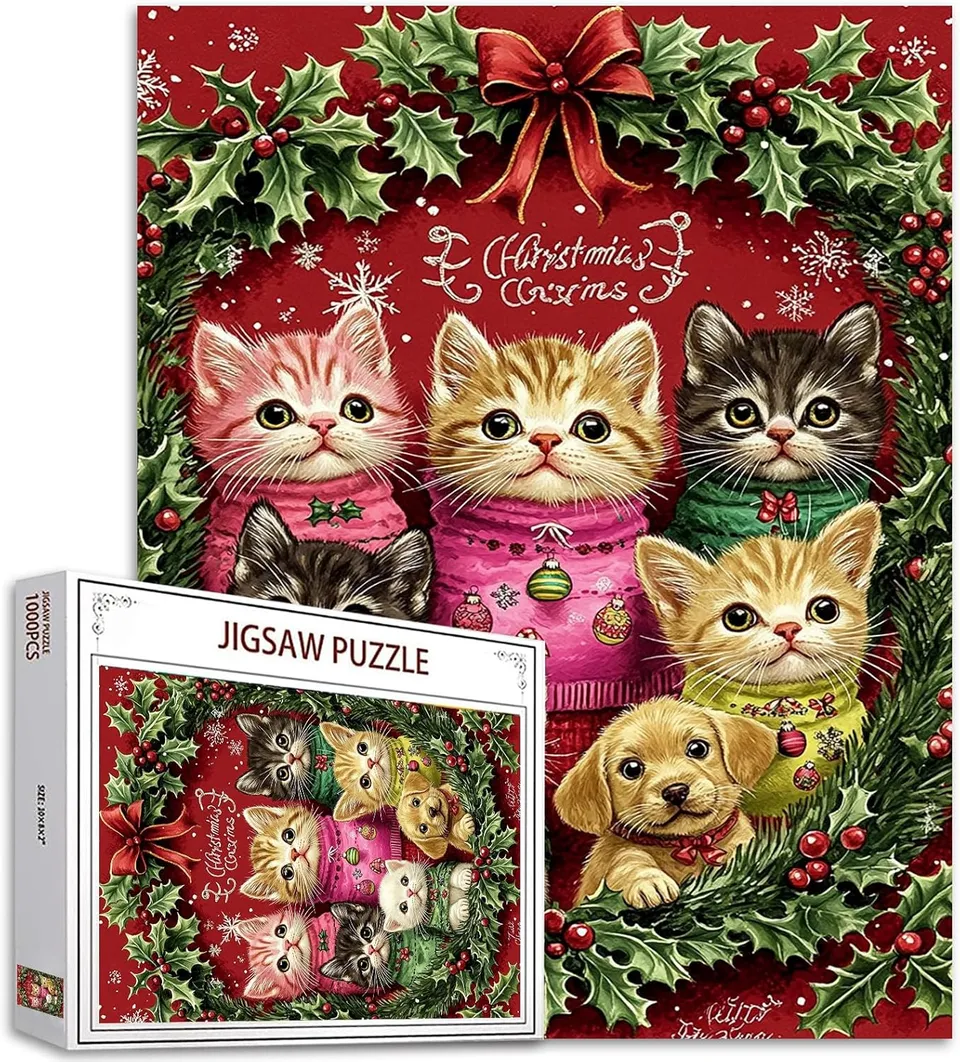 tucocoo-kittens-puppies-christmas-wreath-puzzle-1000-teile-katzen image 1