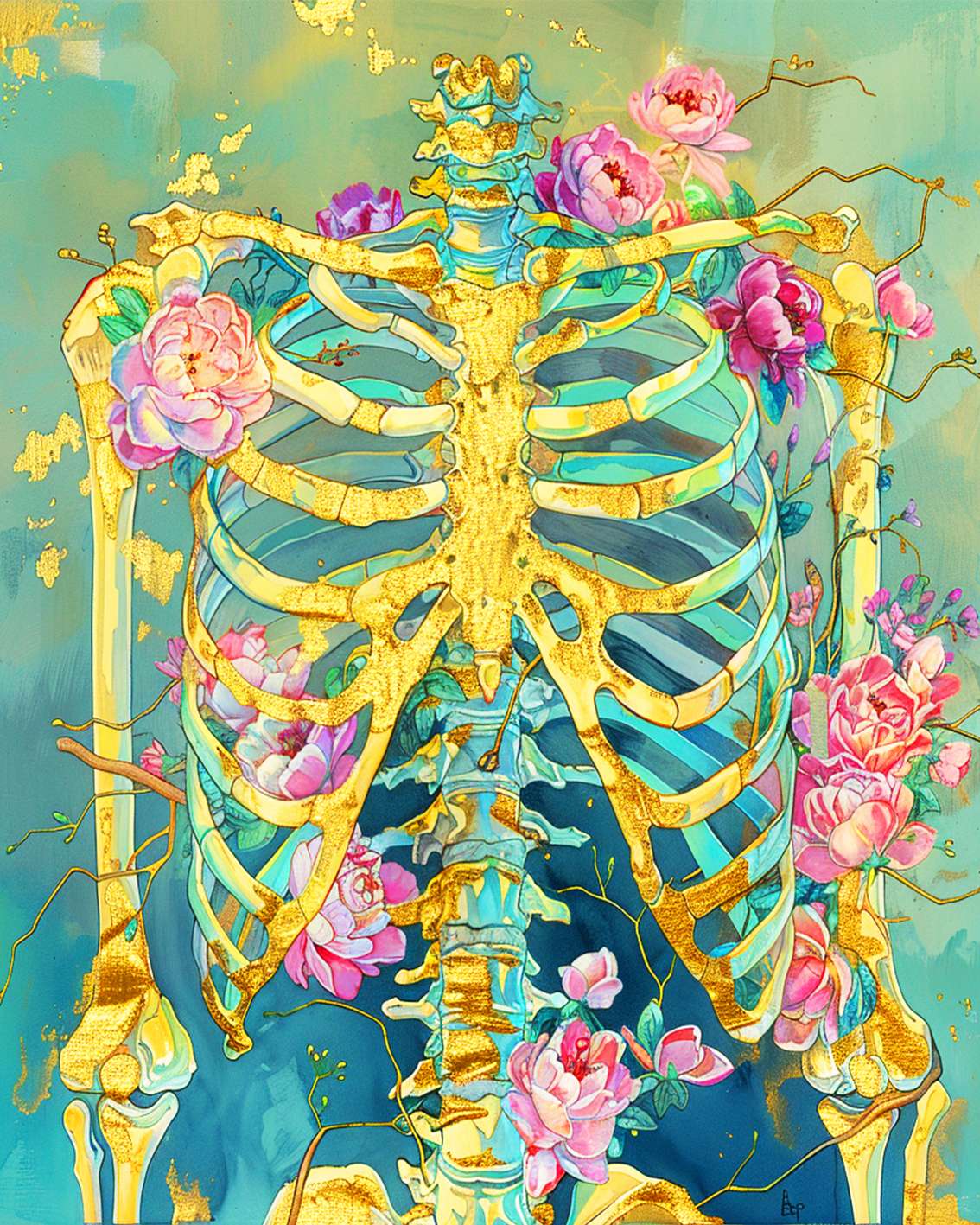 tucocoo-golden-skeleton-with-blooming-flowers-leinwandbild-30x40-gerahmt image 2
