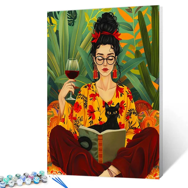 tucocoo-stylish-woman-reading-with-black-cat-malen-nach-zahlen-40x50 image 1