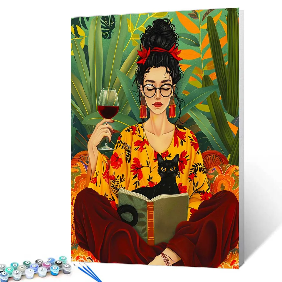 tucocoo-stylish-woman-reading-with-black-cat-malen-nach-zahlen-40x50 image 1